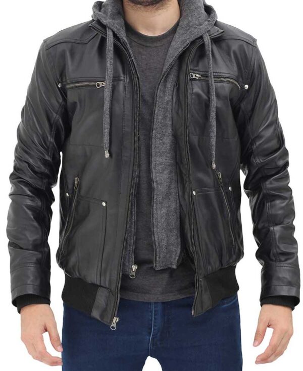 Black Bomber Mens Leather Jacket with Hood - Image 4