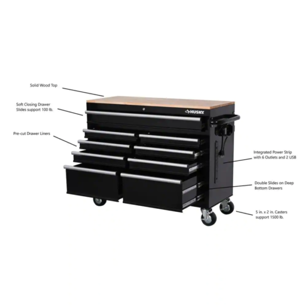 46 In. W X 18 In. D 9-Drawer Black Mobile Workbench Cabinet - Image 12