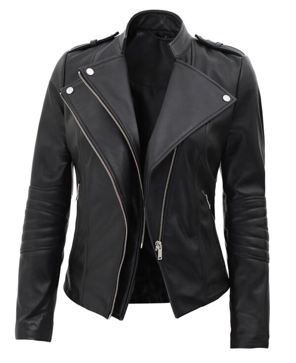 Monica Womens Asymmetrical Fitted Leather Jacket Black - Image 4