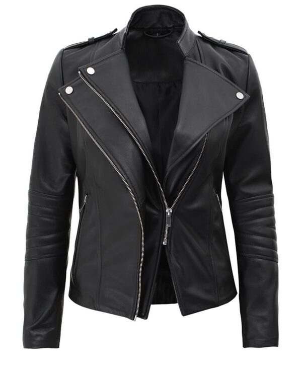 Monica Womens Asymmetrical Fitted Leather Jacket Black - Image 3