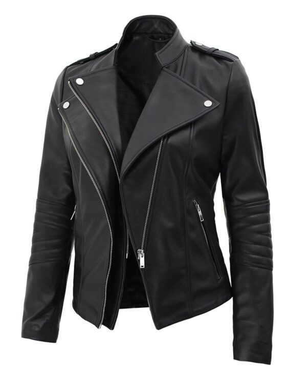 Monica Womens Asymmetrical Fitted Leather Jacket Black