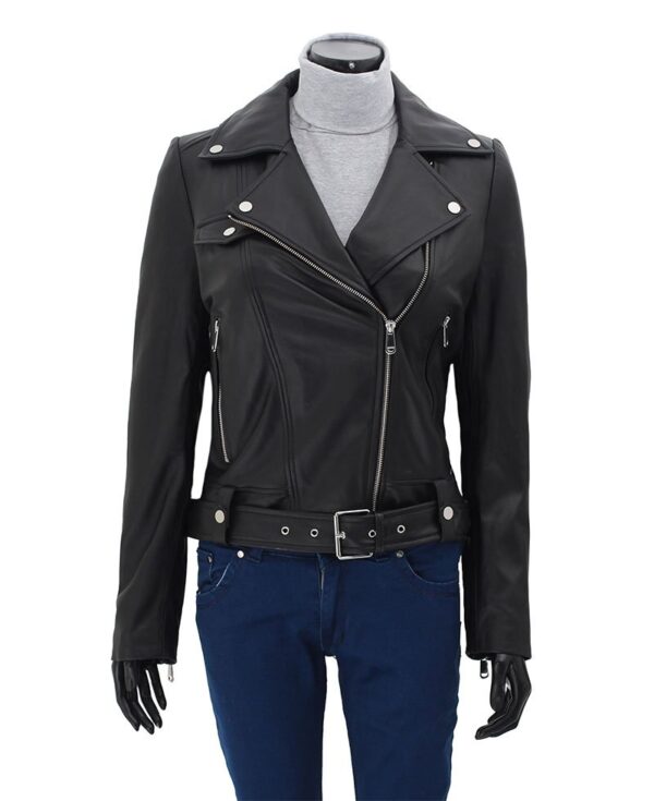 Womens Black Asymmetrical Cropped Moto Leather Jacket