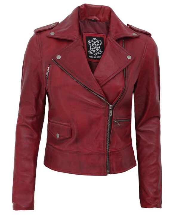 Amber Womens Moto Maroon Asymmetrical Leather Jacket