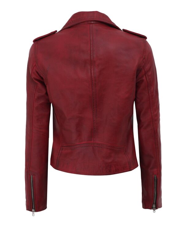 Amber Womens Moto Maroon Asymmetrical Leather Jacket - Image 2