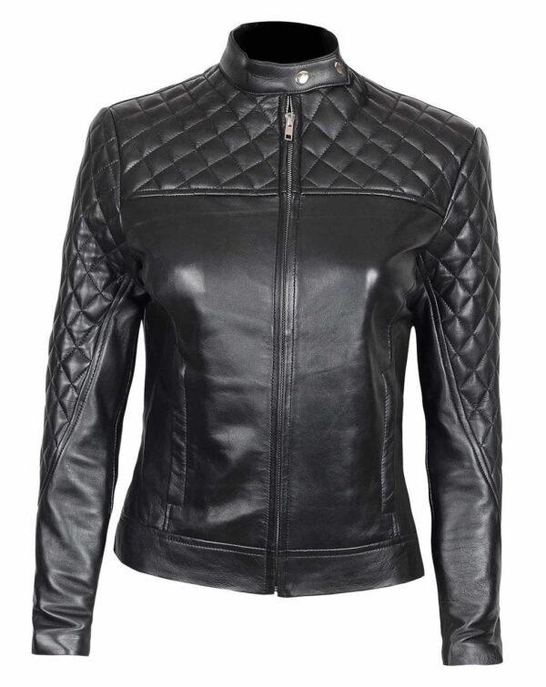 Ellen Slim Fit Ladies Black Quilted Leather Jacket - Image 2